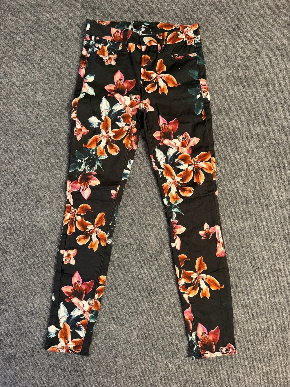 7 For All Mankind Black Leggings with Orange & Pink Floral Print